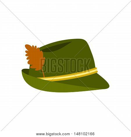Green hat with feather icon in flat style on a white background vector illustration