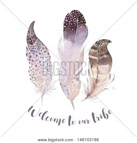 Hand drawn watercolor paintings vibrant feather set. Boho style wings. illustration isolated on white. Bird fly feathers bohemian design. Rustic Bright colors decoration.