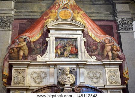 FLORENCE, ITALY: January 19, 2016 : detail of gravestones of tomb of Michelangelo Buonarroti in Santa Croce basilica on january 19, 2016, Florence, Italy