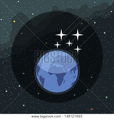 Digital vector planet earth icon with falling stars, over stelar background, flat style.