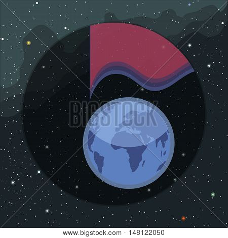 Digital vector planet earth icon with light spectrum, over stelar background, flat style.