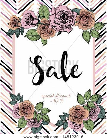 Vector banner for great sale. Chevron text template. Rose gold flowers and chevron modern brush spot in trendy pastel colors. Use for business fashion promotion.