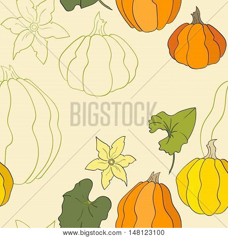 Pumpkins seamless pattern with pumpkins flower and leaves vector illustration