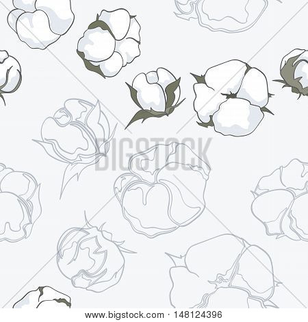 Seamless pattern with hand drawn cotton flowers vector illustration