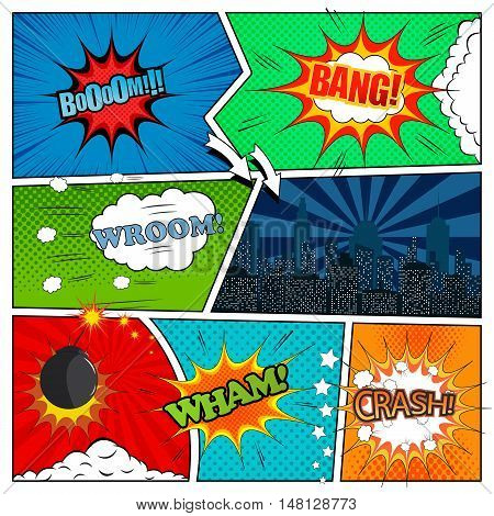 Set of comic book design elements. Vector illustration with speech bubbles, clouds, night city, bomb, explosions, arrows, stars, halftone, radial and dotted backgrounds. Pop-art style
