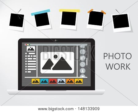 Laptop Icon on gray backgroud with photo frame.Photo work , Photo business. Journalist photographs illustration