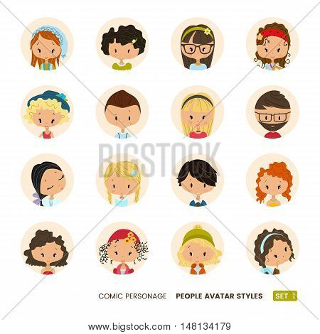 People avatars collection. Set of avatar icons. Comic personages. Hipster icons