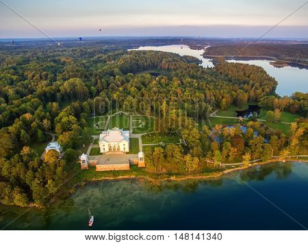 Trakai, Lithuania: Aerial UAV top view of Uzutrakis Palace in the autumn sunset