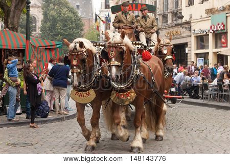 BELGIUM, BRUSSELS - SEPTEMBER 06, 2014: Belgian Beer Weekend 2014. The most famous beer festival in Belgium. Parade of beer manufacturers.