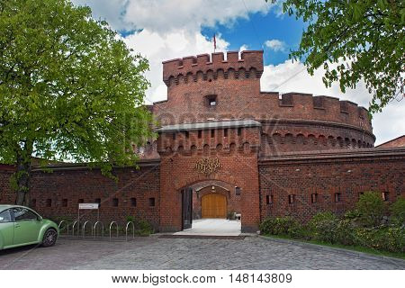 RUSSIA, KALININGRAD - APRIL 29, 2016: Tower of Der Dona, now museum of Amber. Part of the german defensive fortifications in the Konigsberg. After Second World War Konigsberg was called Kaliningrad and became part of Russia.