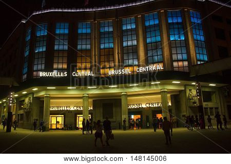 BELGIUM, BRUSSELS - SEPTEMBER 06, 2014: Night view of building in backlights of Central Railway Station of Brussels from Carrefour de l'Europe square.