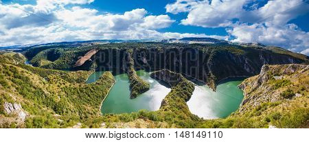 Meanders at rocky river Uvac gorge on sunny day, southwest Serbia