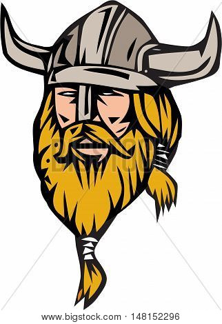 Illustration of a norseman viking warrior raider barbarian head with beard wearing horned helmet viewed from front set on isolated white background done in retro style.