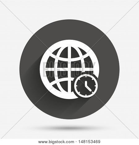 World time sign icon. Universal time globe symbol. Circle flat button with shadow. Vector