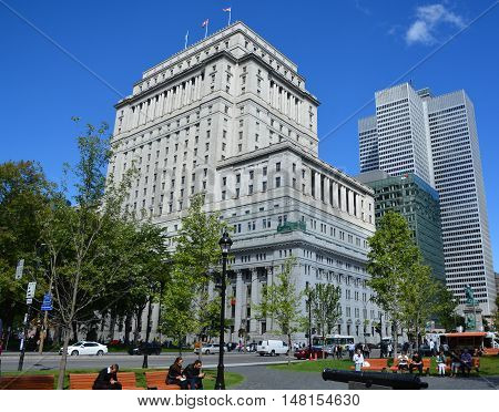 MONTREAL QUEBEC CANADA 09 17 2016: Sunlife building in Montreal canada.The Sun Life Building is an historic office building at 1155 Metcalfe Street. Place ville Marie in background.