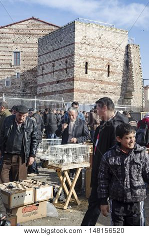 Istanbul Turkey - January 01 2015: Outdoor Bird Market in Istanbul. Topkapi Edirnekapi bird market every week on Saturdays and Sundays open market. Day 1000 - 1500 people are said to have visited the market. in many colors in the market many species are s