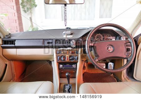 MALAYSIA - August 15, 2016: An interior view of a classic car Mercedes Benz 200e is photographed during a day in Malaysia, August 15, 2016.