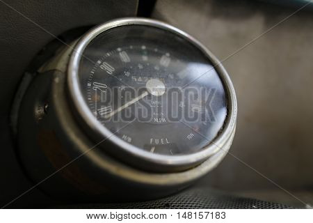 MALAYSIA - August 15, 2016: A classic car Mini Austin 850 speedometer is photographed in Malaysia, August 15, 2016.