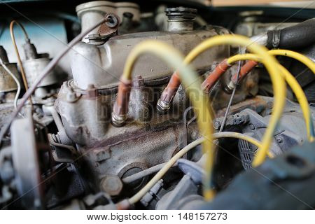 MALAYSIA - August 15, 2016: A classic car Mini Austin 850 engine sits in the compartment.