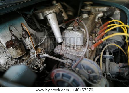 MALAYSIA - August 15, 2016: A classic car Mini Austin 850 engine sits in the compartment.