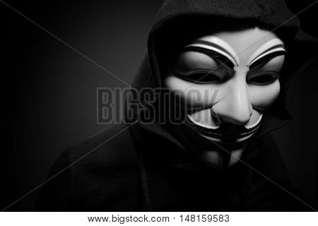 Saint-Petersburg, Russia - September 16, 2016: Photo of man wearing Vendetta mask, studio shot