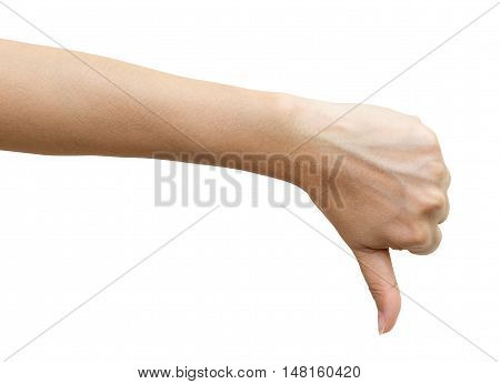 Female hand signaling thumb down isolated on white background clipping path included.