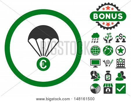 Euro Parachute icon with bonus pictogram. Vector illustration style is flat iconic bicolor symbols, green and gray colors, white background.