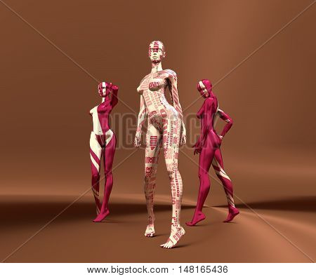 Sexy woman mannequins posing. 3d rendering. Fashion models painted by abstract pattern