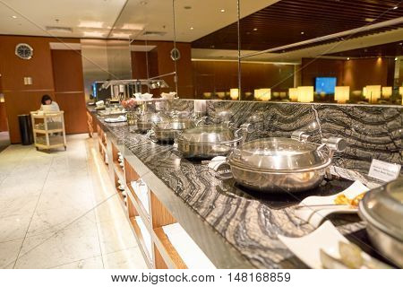 SINGAPORE - CIRCA AUGUST, 2016: The KrisFlyer Gold Lounge at Singapore Changi Airport's Terminal 2. Changi Airport is the primary civilian airport for Singapore.