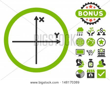 Cartesian Axis icon with bonus symbols. Vector illustration style is flat iconic bicolor symbols, eco green and gray colors, white background.
