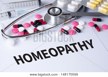 HOMEOPATHY Background of Medicaments Composition Stethoscope mix therapy drugs doctor flu antibiotic pharmacy medicine medical
