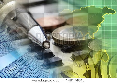 Financial background with money calculator map and pen.
