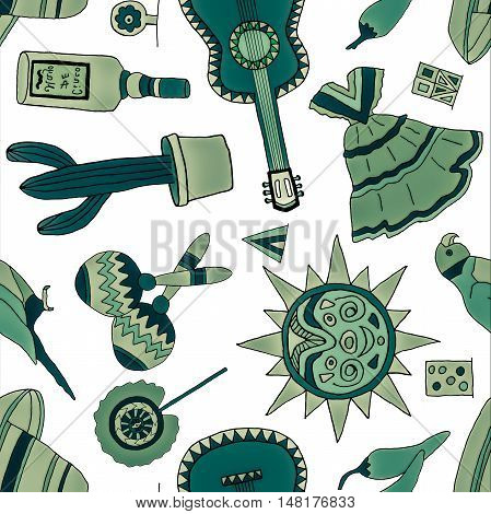 Seamless pattern with hand drawn mexican elements. Perfect background for your design. Travel to Mexico texture.