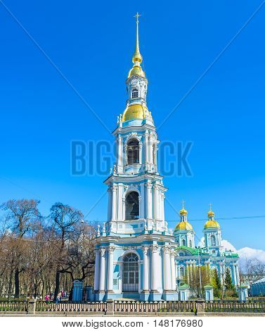 The ensemble of Baroque Cathedral of St Nicholas located on the bank of Krukov Canal in Glinki street St Petersburg Russia.