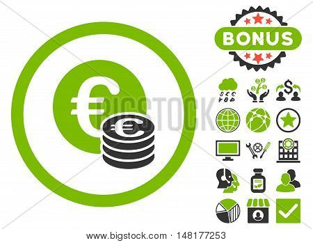 Euro Coin Stack icon with bonus symbols. Vector illustration style is flat iconic bicolor symbols, eco green and gray colors, white background.