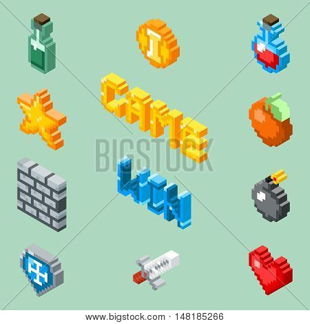 Pixel art game icons. 8 bit isometric pictograms vector. Element for game in pixel style design, illustration star and pixel art bomb