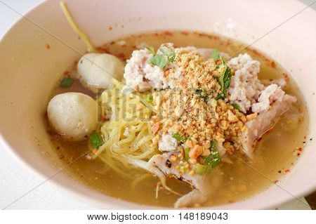 close up spicy tomyum noodles - Thailand healthy food