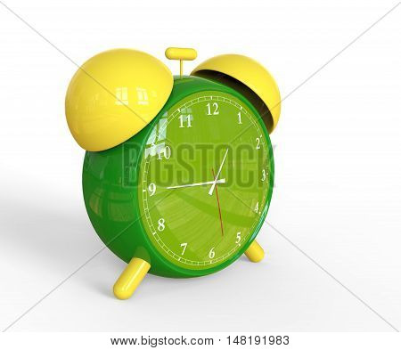 Green old style alarm clock isolated on white