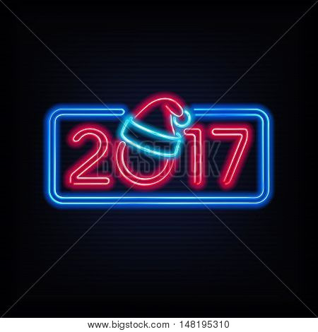 New Year neon sign. 2017 text and Christmas hat on a dark background.