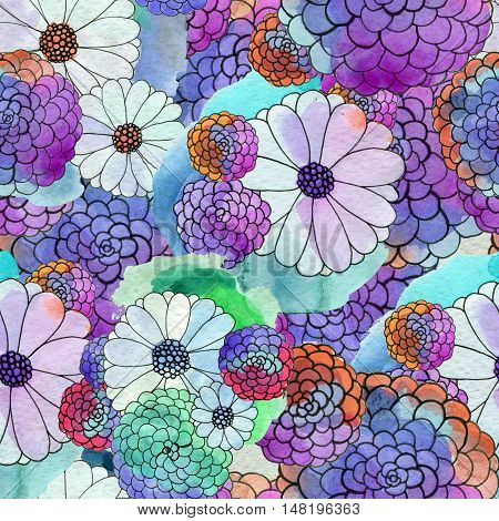 Seamless floral pattern with asters and daisy flowers. Floral watercolor background.