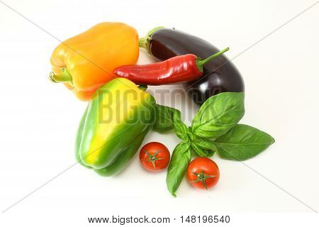 Fresh Healthy Eggplants Bell Pepper On White Background.