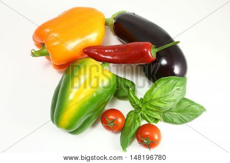 Fresh Healthy Eggplants Bell Pepper On White Background.