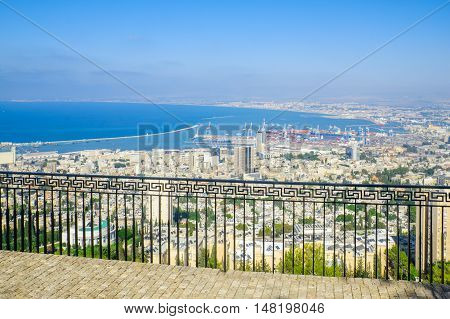 View of the bay and the harbor from the Louis Promenade in Haifa Israel