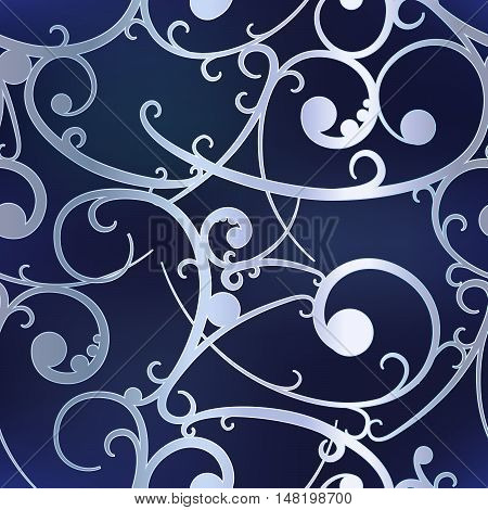 Silver baroque swirls on blue royal luxury seamless pattern