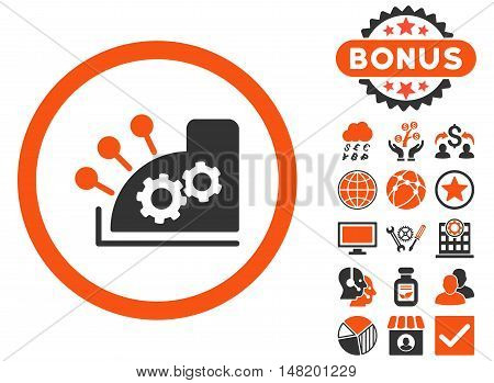 Cash Register icon with bonus symbols. Vector illustration style is flat iconic bicolor symbols, orange and gray colors, white background.