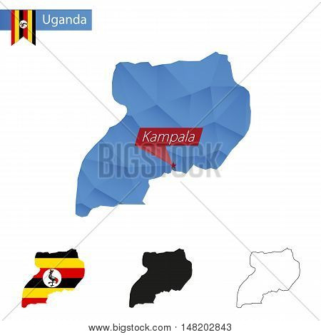 Uganda Blue Low Poly Map With Capital Kampala.