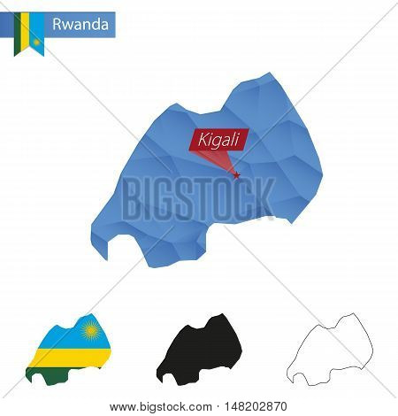 Rwanda Blue Low Poly Map With Capital Kigali.