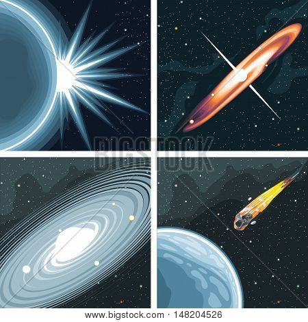 Digital vector cosmos icons set with galaxy, planet earth, commet, milky way and solar system over stelar background, flat style.