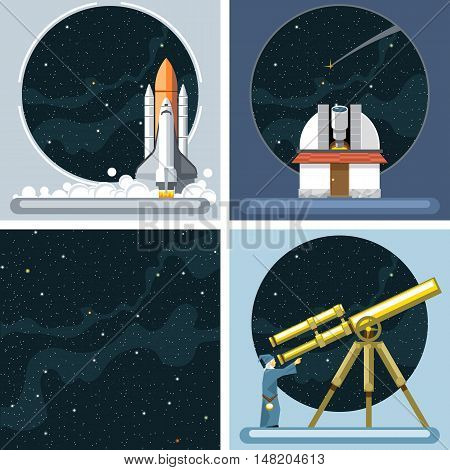 Digital vector silver cosmos rocket icons set with launch, ancient observatory, commet, antenna and empty space over stelar background, flat style.