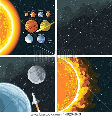 Digital vector cosmos icons set with galaxy, planet earth, shuttle, bright sun and solar system over stelar background, flat style.